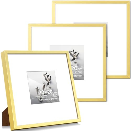 Bilderrahmen 20x20 Gold Aluminium Set, Quadratisch Fotorahmen Für 20x20 cm-Fotos ohne Passepartout oder 9x9 cm-Fotos mit Passepartout, Metall Rahmen Mit gehärtetem Glas für Collagen, Wanddekoration