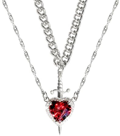 Heart and Sword Necklace, Stainless Steel You are in My Heart Necklace Set, Heart Matching Necklace for Couples (Red-B)
