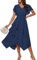 Damen Midikleid Lässig Swing V-Ausschnitt Elastische Taille Wickelkleid M Marineblau