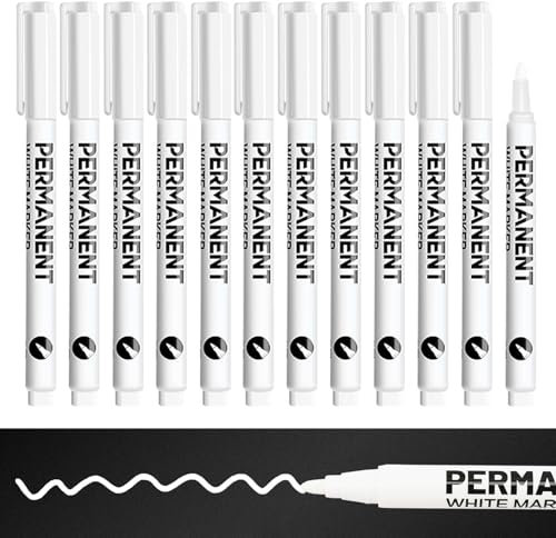 12 Pcs White Permanent Marker Pens, White Fabric Pen, Fine Tip White Paint Pens Waterproof Quick Drying for Clothes Stones Rock Painting Ceramic Glass Wood Metal Canvas Tire Pen Art & DIY (2mm)
