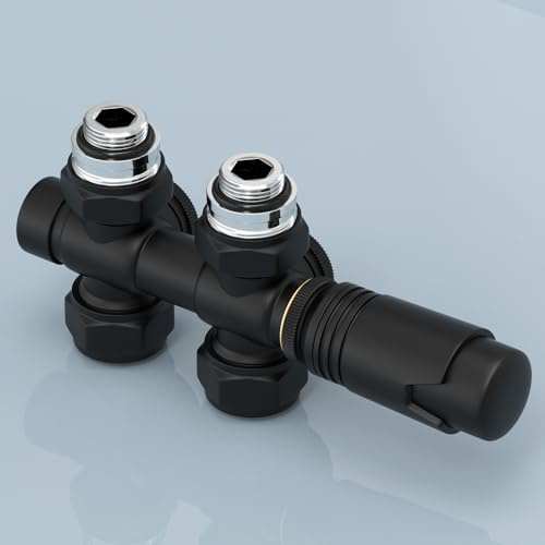 EMKE Multiblock Set für Heizkörper mit Thermostat, Hahnblock Eck und Durchgangsform Ventilhahnblock Mittelanschluss Heizkörperventil mit 50 mm Nabenabstand (φ15mm+16mm Schwarz)