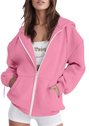 amropi Sweat-Shirt Femme Sweat à Capuche Zippé Hoodie Sport Veste Manche Longue Manteau Rose,M
