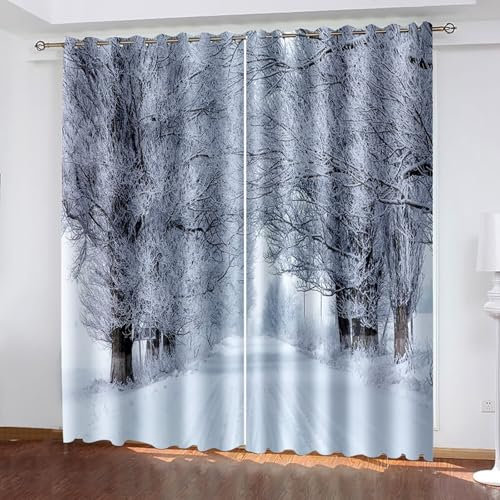 AMDXD Vorhang Blickdicht, Schnee Wald Pfad Gardine mit Ösen B137 x H229 cm/Pcs (2er Pack), Ösenschal Dekoschal für Wohnzimmer Schlafzimmer Hell Grau 137x229cm