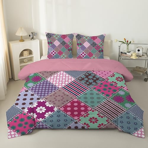Ländliches Patchwork Bettdecke 135x200 4 Jahreszeiten, Wende Steppdecke 135x200, Warme Ganzjahresdecke Niedliches Muster Bettdecke ohne Bezug Waschbar Schlafdecke mit 2 Kissenbezug 80x80cm