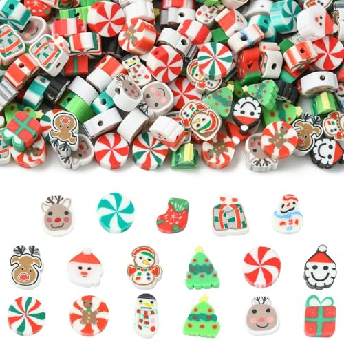UR URLIFEHALL 200 Stück Weihnachts-Polymer-Ton-Perlen, Weihnachts-Hirsch, Schneemann, Weihnachtsbaum, Abstandshalter für DIY-Schmuckherstellung, Armband, Halskette