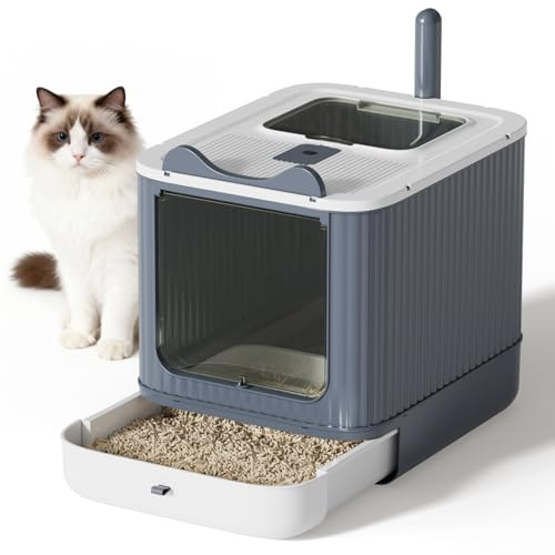 Eukue Katzenklo mit Deckel, Geschlossene Katzenklo, Katzentoilette mit Ausziehbares Tablett, Design Vordereingang und Oberem Ausgang, mit Bambuskohle Pack und Schaufel, für Katzen bis zu 15kg, Grau