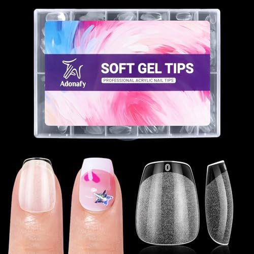 Adonafy Short Coffin Nail Tips: 504Pcs Half Matte Soft Gel Tips for Gel Extensions for Beginners- Pre-Shaped Full Cover Nail for Home Salon Manicure - 12 Sizes