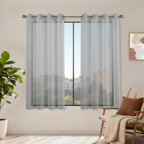 Runyéla Voile Gardinen mit Ösen 2er Set, H 160 x B 140 Stores Gardinen Grau Transparent, Vorhänge Durchsichtig, Ösenvorhang Kurz Schlaufenschal für Schlafzimmer Wohnzimmer Küche Sheer Curtains