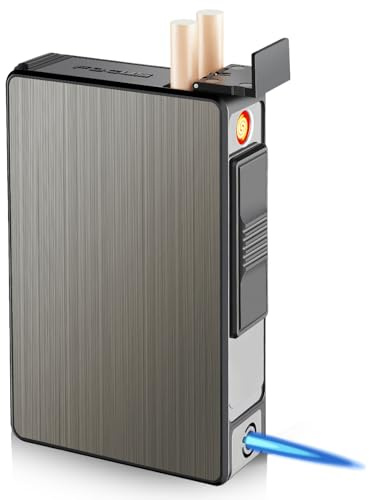 Zigarettenetui mit Feuerzeug, Zigarettenbox mit FeuerzeuG Aufladbar Flammenlose, Winddichtes feuerzeug Gasfeuerzeug SturmFeuerzeug Aluminium Zigarettenbox Kann 20 Fassen (Verkauft ohne Gas)
