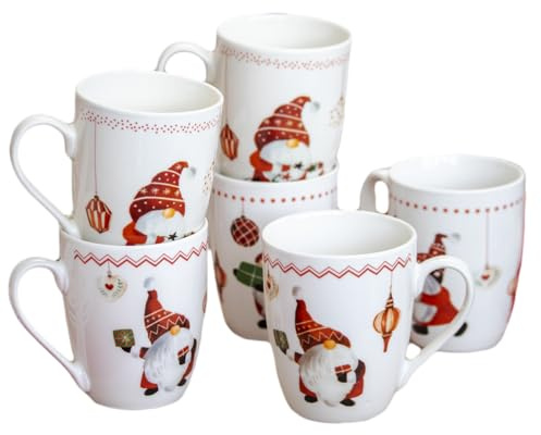 Christmas Gonk Mugs Set of 6 Ceramic 320ml Xmas Gnome Coffee Cups Kitchen Table