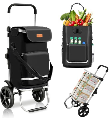 Sekey Einkaufstrolley faltbar 60L, 3-in-1 Einkaufswagen | Klappbar aus Aluminium, höhenverstellbarer Griff, mit Kühlfach und Getränkefach, extra groß für Einkauf & Camping, Schwarz