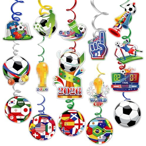 DPKOW Decorations World 2026 Football Hanging Decorations Ceiling 2026 Football Streamers Garlands Decoration Foil Swirl, Goal Trophy World Country Flags
