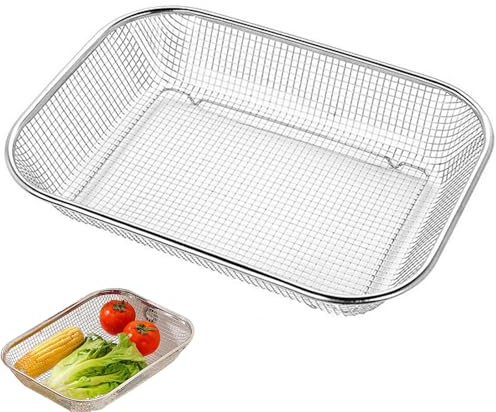 Colador de jardín, colador de tierra de acero inoxidable y colador de compostaje de jardín, 33,5 x 24 x 6 cm, colador de jardín cuadrado para piedras de arena, cesta multifuncional para frutas y