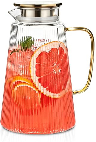 71oz Ribbed Glass Pitcher with Yellow Handle – Heat-Resistant Carafe with Lid for Hot & Cold Drinks, Iced Tea, Juice, Coffee – Large Borosilicate Water Jug for Home, Kitchen & Tabletop