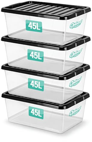 4 x 45 Litre Plastic Storage Boxes with Lids Set of 4, Clear Multipurpose Nestable Stackable Plastic Storage Box 45L Clear Containers Boxes For Home, Kitchen, Office, Garage, Accessories