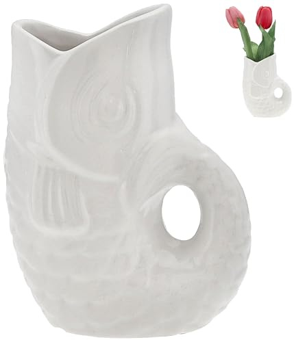 Vase Fisch 'Blubb' | 12x13x7cm Dolomit weiß | Blumen Dekovase Fischform Fischmaul Griff | Gefäß für Blumen und Sträucher mit Gluckgeräuschen (1 x Vase weiß 13cm)