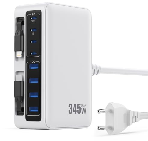 345W USB C Ladegerät Mehrfach mit Einziehbarem Ladekabel, 10-in-1 GaN VI Ladestation, PD/PPS/QC Schnellladegerät USB C Netzteil mit 2 Retractable Kabeln für MacBook, iPhone, Sam Sung, Tablet (Weiß)