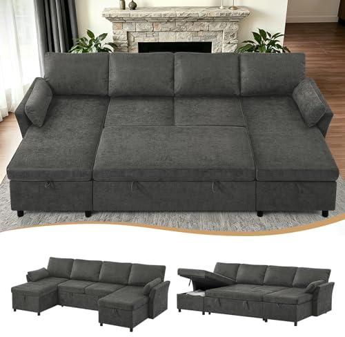 JoyHarb 272cm Fabric U Shape Sofa w/Pull Out Bed & Storage Chaise, Grey | Modern Sectional Convertible Sleeper Sofa With Two Soft Armrest Pillows For Living Room