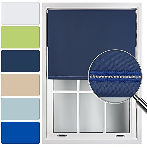 FURNISHED Blackout Roller Blinds with Decorative Diamond Braiding Design Easy Install Cut to Size Made to Measure Blind, Navy Blue, 150W x 165L cm