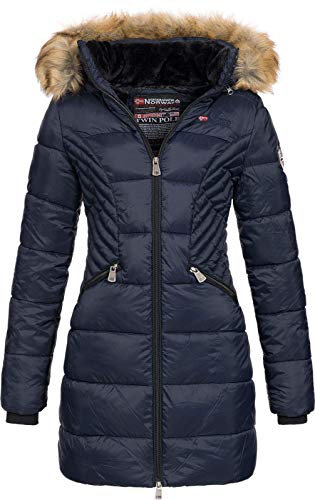 Geographical Norway Abeille Lady - Parka Cálida Para Mujeres En Otoño Invierno - Abrigo Fino Con Capucha De Piel Sintética - Chaqueta A Prueba De Viento - Rego Elegante Ide (Marina S-talla 1)