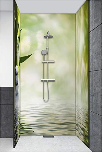 ARTLAND Duschrückwand Eck mit Motiv Fliesenersatz Alu Rückwand Dusche Verkleidung wasserfest Duschwand Bad 3 Segmente Wunschmaß Natur Zen Wasser Steine Bambus Grün R2PS