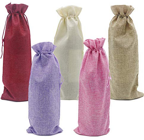 HRX Package Jute Wine Bottle Bags with Drawstring, 10 PCS 5 Colors Reusable Bottle Decoration Covers Pouches for Blind Wine Tasting (36.7×14.5cm)