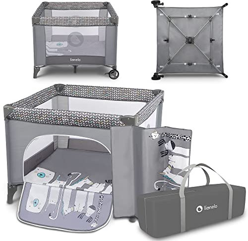 Lionelo Lene 2in1 Reisebett und Laufstall, ab Geburt bis 15 kg, Seiteneingang mit dem Reißverschluss, Schnelles Zusammenklappen, Räder mit Bremse, Tragetasche