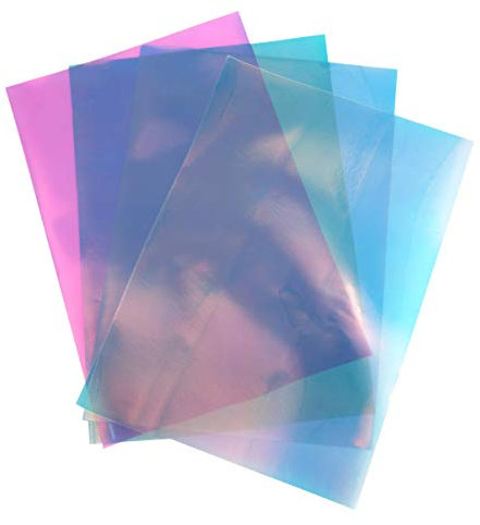 Milisten 4 blätter a4 pvc holographische klarfolie spiegelfolie holographische vinyl grafik stoff für schuhe tasche nähen patchwork diy bogen handwerk applique (transparent + dunkelblau + rosa + grün)