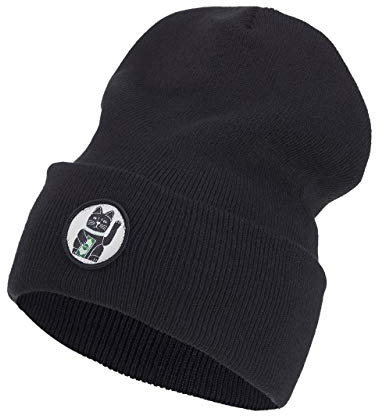 Nebelkind Beanie Winkekatze Schwarz Turn-Up Oversized Mütze One Size