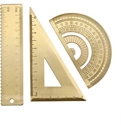 Messing mathematische Geometrie Set Retro Metall Wellenlineal und Dreiecks-Lineal Geometrie Standard Winkelmesser Dreieckskala Mathematik-Kit Student Supplies Büro Winkelmessung Zubehör