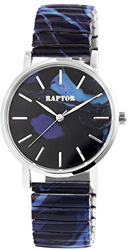 Raptor Colorful Edition Damen-Uhr Zugband Edelstahl Motiv Bunt Print Analog Quarz (dunkelblau/hellblau)