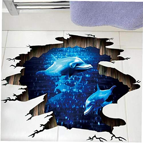 Zonfer 3d Dark Blue Dream Dolphin Floor Sticker Bathroom Living Room Floor Decoration Mural Wall Stickers Home Decor Decals Wallpaper