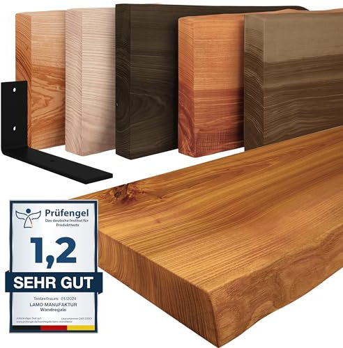 LAMO Manufaktur Wandregal Holz Baumkante | Regal Farbe: Rustikal | mit schwarzem Basic Regalträger | 120 cm