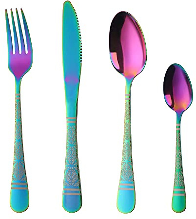 16-teiliges Besteck-Set, dekoratives Muster, klassisches Edelstahlbesteck, Besteck-Sets mit Messer, Löffel, Gabel, hochglanzpoliert und spülmaschinenfest, für Zuhause/Reisen/Schule... (Mirage)