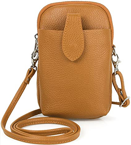 Kleine Damen Leder Umhängetasche, Ital. Handtasche Handy Echtleder, Crossbody Schultertasche für Frauen Mädchen, 0002111070, Tasche Farben:Braun