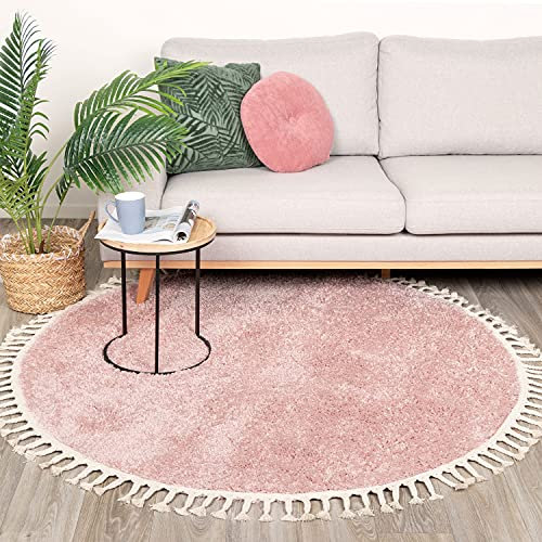 FRAAI | Home & Living Teppich Hochflor Rund - Lofty Fringe Rosa - Einfarbig - Modern, Skandinavisch - Wohnzimmer, Esszimmer, Schlafzimmer - Fellteppich - Carpet