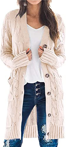 PRETTYGARDEN Long Sleeve Cable Knit Long Cardigan for Women 2026 Spring Winter Chunky Open Front Button Sweaters with Pockets (Off White, Medium)