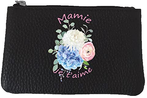 Petit Porte Monnaie Porte clé en Cuir Noir pour Mamie Fete des Grands Meres (Noir - Mamie Je t'aime)
