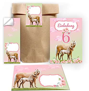 Junapack 12 Einladungskarten zum 6. Kindergeburtstag sechste Geburtstag Mädchen Pferd mit Fohlen mit Einhorn incl. 12 Umschläge, 12 Tüten/Natur, 12 Aufkleber