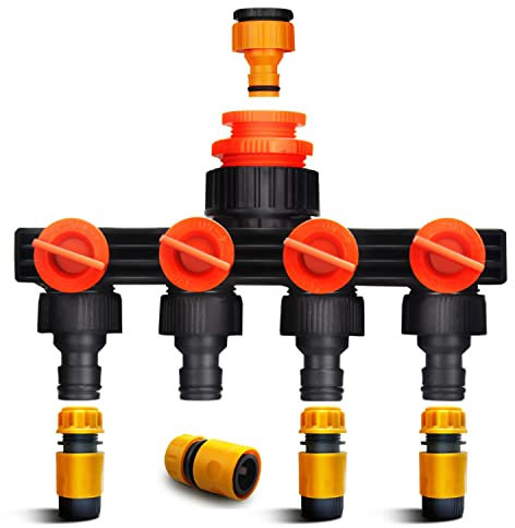 xnyker 4-Wege-Verteiler Gartenschlauch Verbindungsstück Kit, ABS-Material 3/4 und 1/2 Wasser Verteiler, Schlauchkupplung Zubehör Schnellverbindung Leckfrei für Gartenschlauch Wasserhahn
