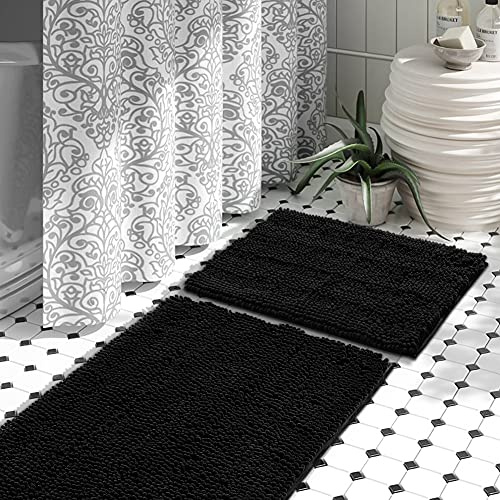 JOTOM Badezimmer Vorleger 2-teiliges Badteppich Set Weich rutschfest Badematten Chenille Saugfähiger Shaggy Badezimmerteppich für Bad, Wanne und Dusche (Schwarz)