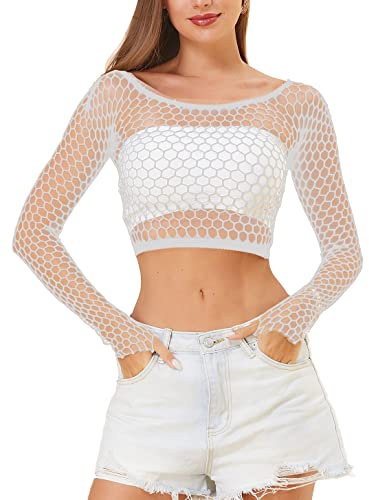 LemonGirl Women Fishnet Long Sleeve Top Lingerie Babydoll Chemise Mesh Shirt One Size UK4-20 White