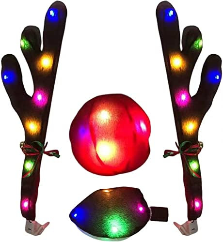 LED Auto Rentier Geweih Nasen Dekoration, Auto Weihnachten Elchgeweih mit LED Lichter Geweih und roter Nase Rudolf Ren Jingle Glocke Weihnachtskostüm für Auto Weihnachtsdeko Rentier Verkleidung