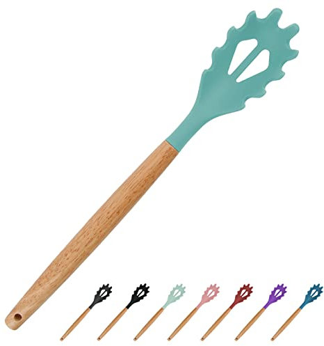 Green Silicone Spaghetti Server, 12.6 Inch Pasta Fork with Wooden Handle, Noodle Spoon for Cooking, BPA Free