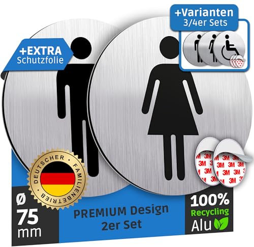 SCHILDERBOXX® WC Schild Selbstklebend - 2er Set Toilettenschild Damen und Herren [Ø75mm, 100% Alu, 3M Tape] – Türschild Toilette Aufkleber Tür, WC-Schilder, Toilettenschilder