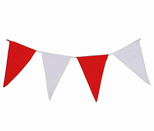 Wimpelkette (10 Meter) rot-weiß aus Stoff » Premiumqualität « Wind- und Wetterfest an Nylonseil, 4 Wimpel pro Meter, 100% Fahnenpolyester, robuster Fahnenstoff, Schützenfest,Outdoor