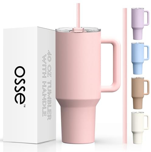 osse 40oz Tumbler with Handle and Straw Lid | Double Wall Vacuum Reusable Stainless Steel Insulated Water Bottle Travel Mug Cup | Modern Insulated Tumblers Cupholder Friendly (Pink Dusk)