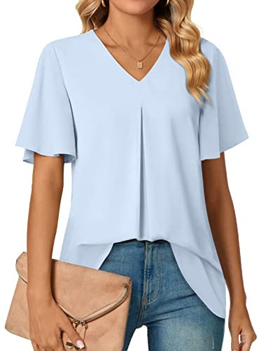 Anyally Women's Summer Dressy Chiffon Blouses V Neck Ruffle Short Sleeve Tunic Tops for Leggings Casual T-Shirts,Light Blue,XL