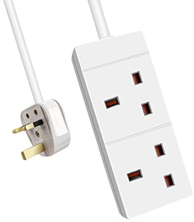 EXTRASTAR 2 Gang Extension Lead White, 1M Extension Cable with 13A Fused UK Plug Max 3120W, 2 Plug extension for Home and Office