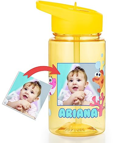Wanapix | Kinderflasche mit Namen | Personalisierte Kinder Trinkflasche | Strohhalm und Tragegriff | Schule/Kindergarten | Tritan (BPA-freier) | 440 ml | Gelb - Hai